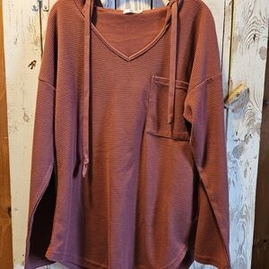 Cozy V-Neck Waffle Knit Hoodie - Brick Red